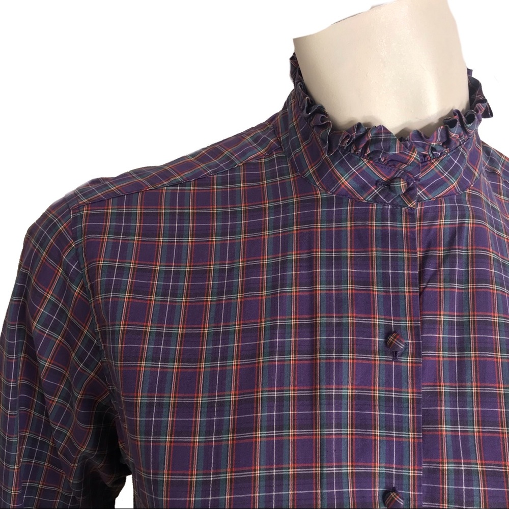 • Vintage Ruffle • Foxcroft High Neck Plaid Blouse EUC